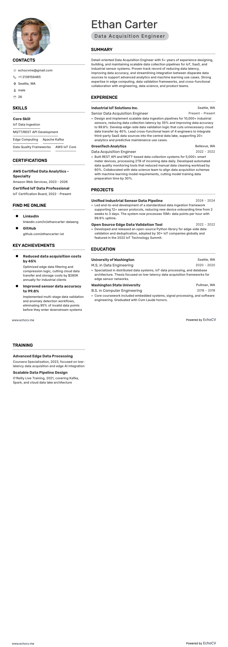 Kỹ sư thu thập dữ liệu example resume