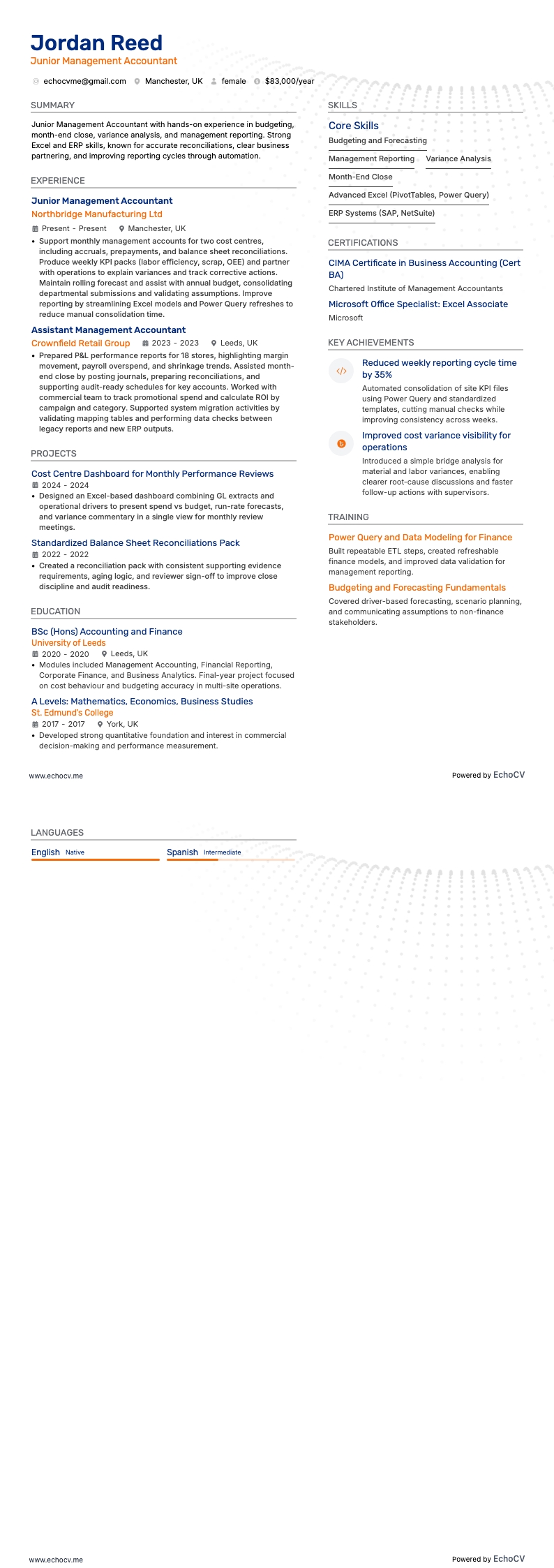 Junior management accountant example resume