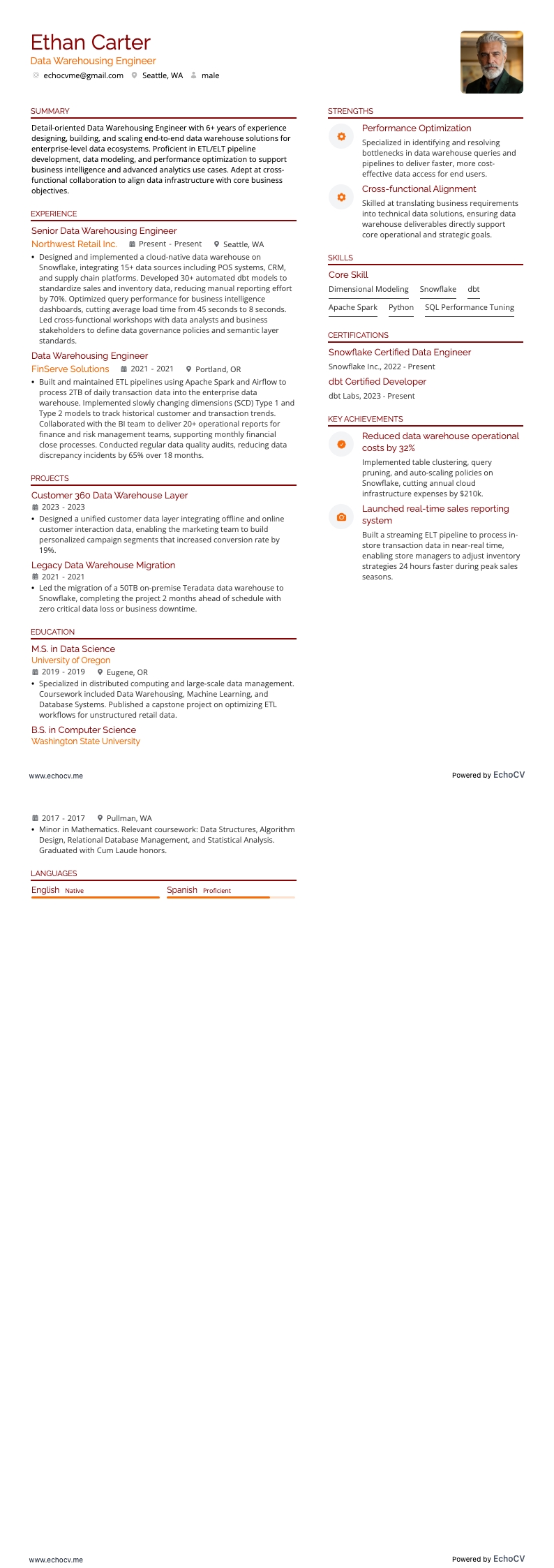 Kỹ sư kho dữ liệu example resume