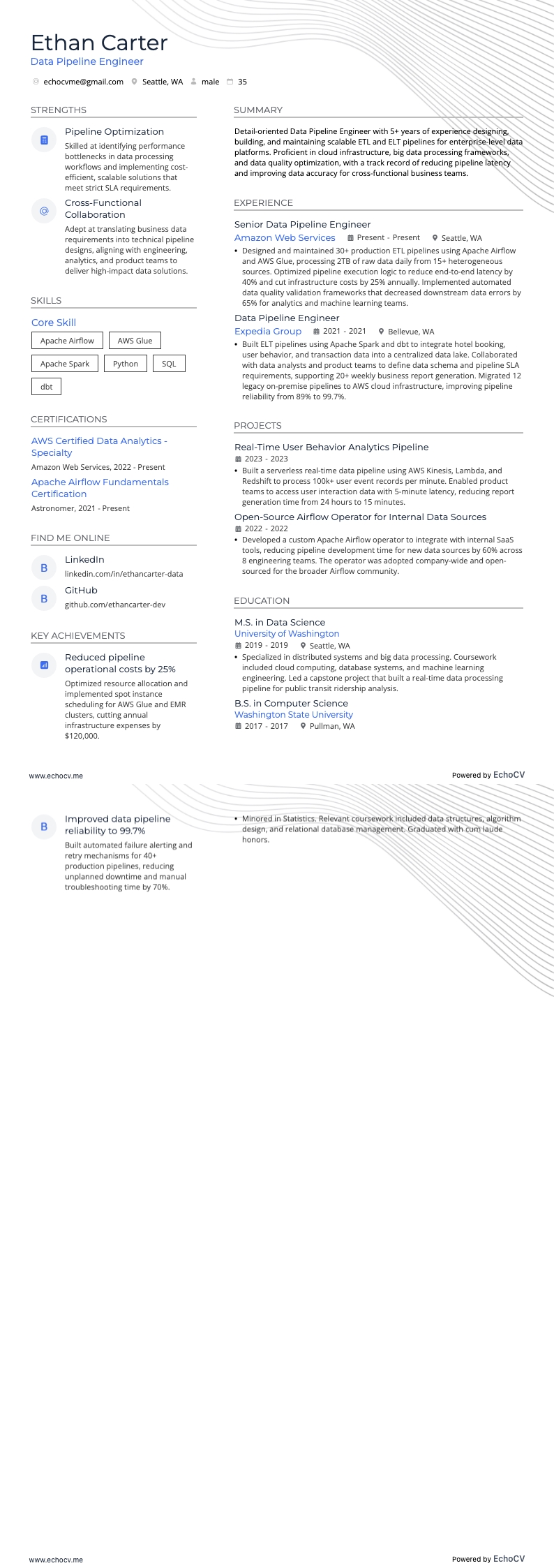 Kỹ sư đường ống dữ liệu example resume