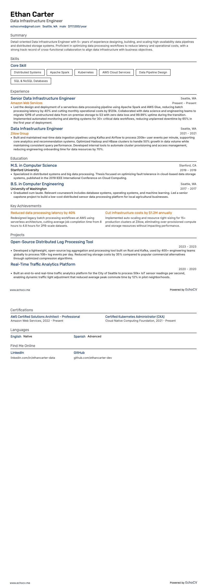 Engenheiro de dados resume example