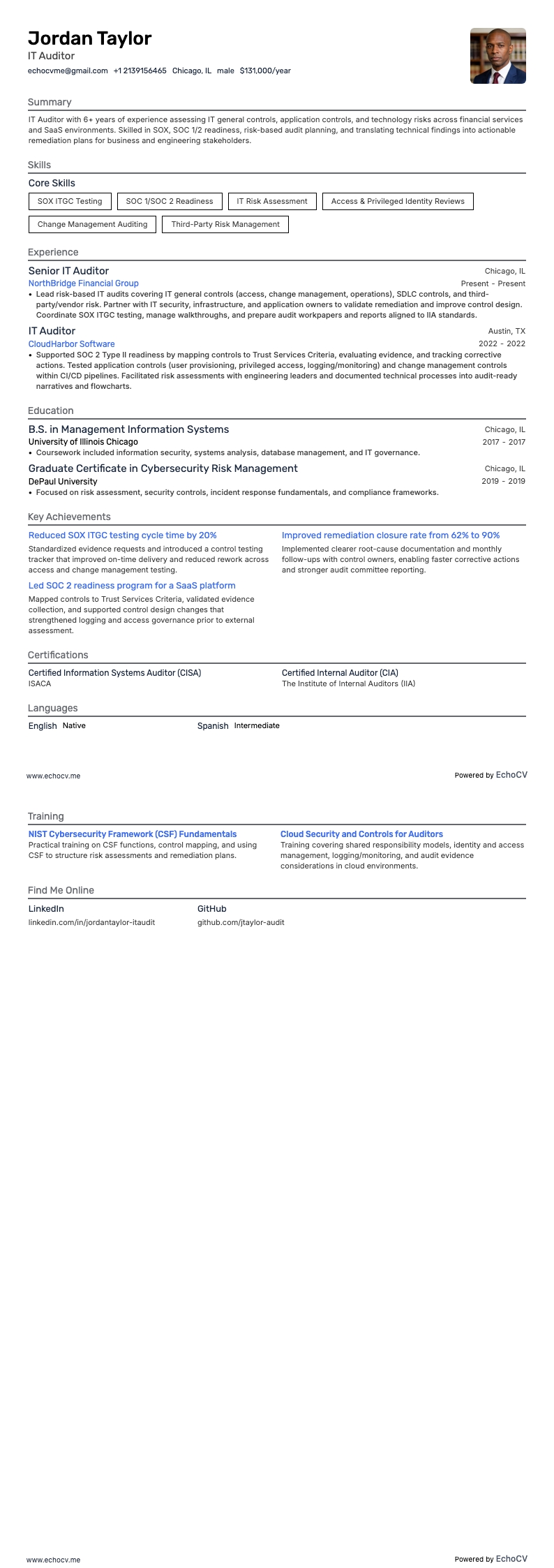 IT审计师 resume example