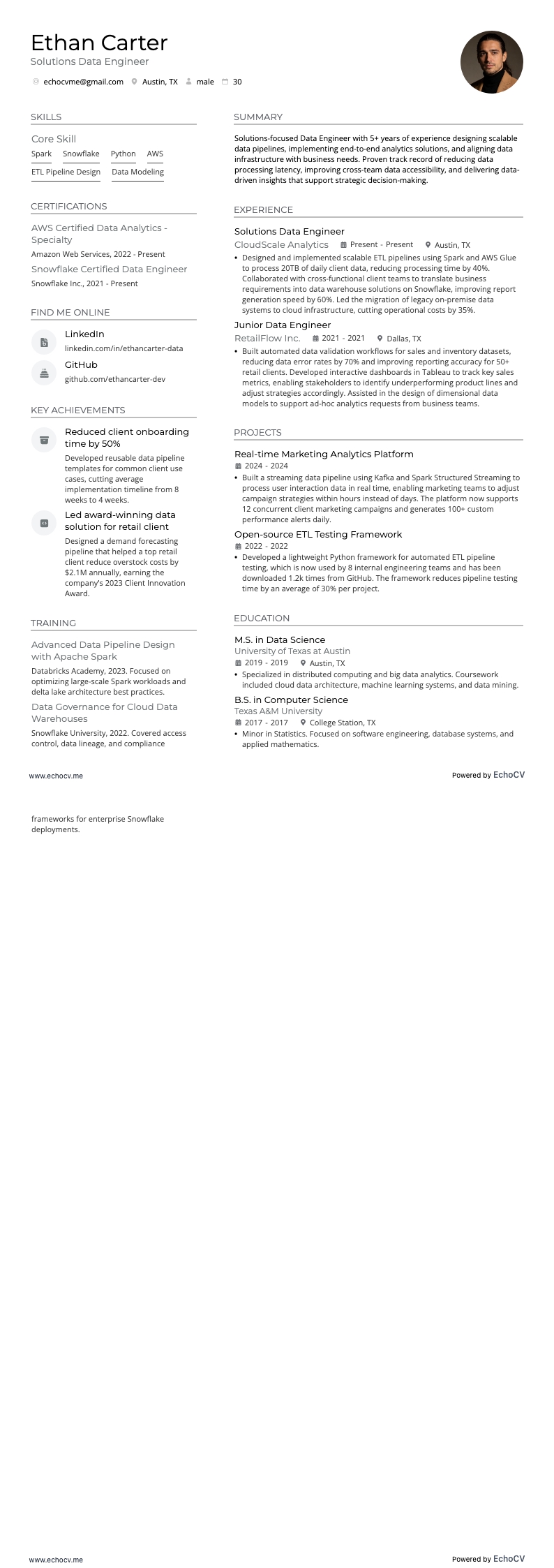 Kỹ sư Dữ liệu Giải pháp example resume