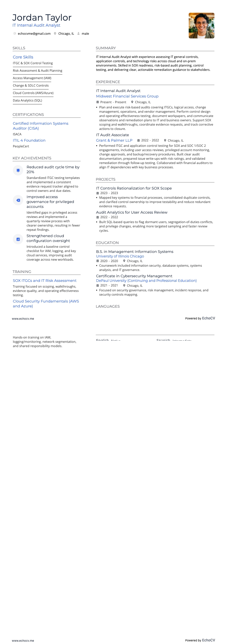 Analista de Auditoría Interna de TI example resume