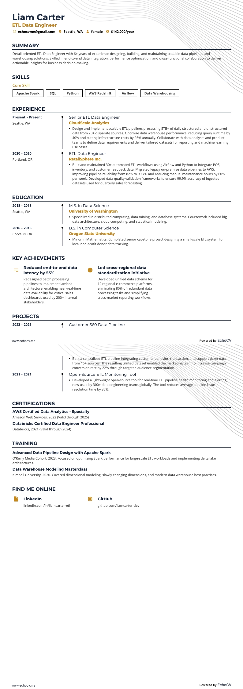 Ingegnere dei dati resume example