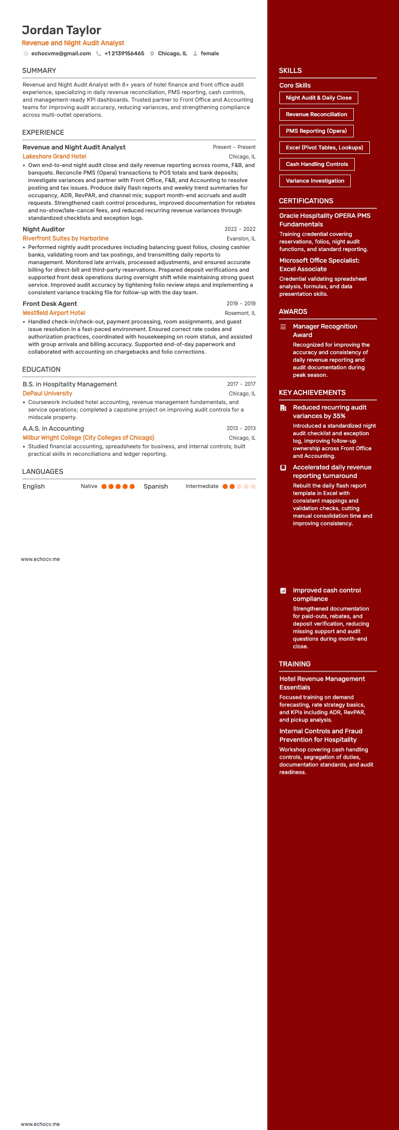 Nachtauditor resume example