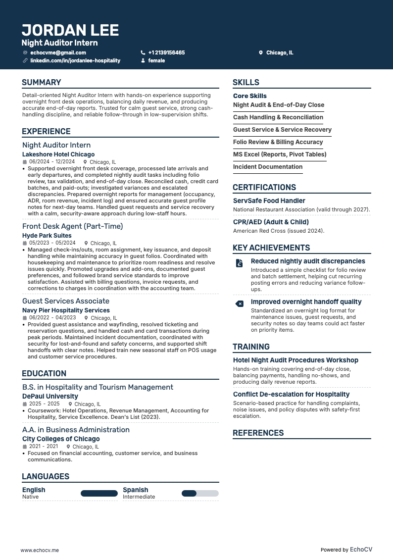 Estagiário de auditor noturno resume example