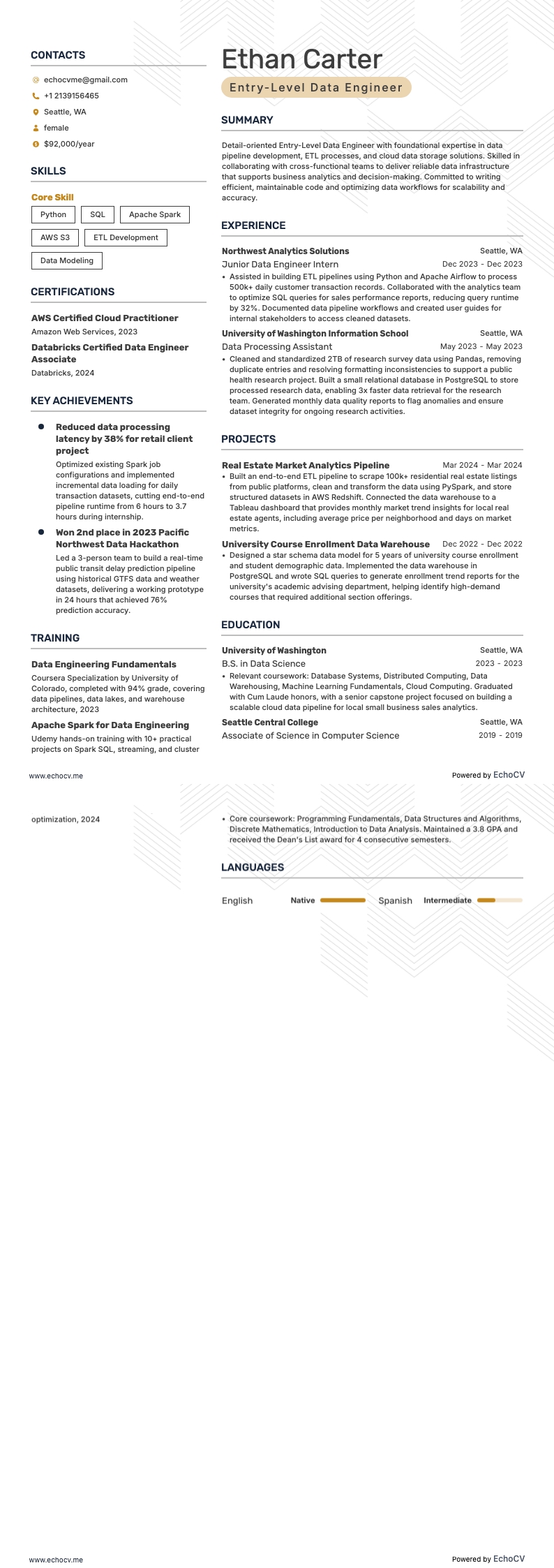 Kỹ sư dữ liệu mới vào nghề example resume