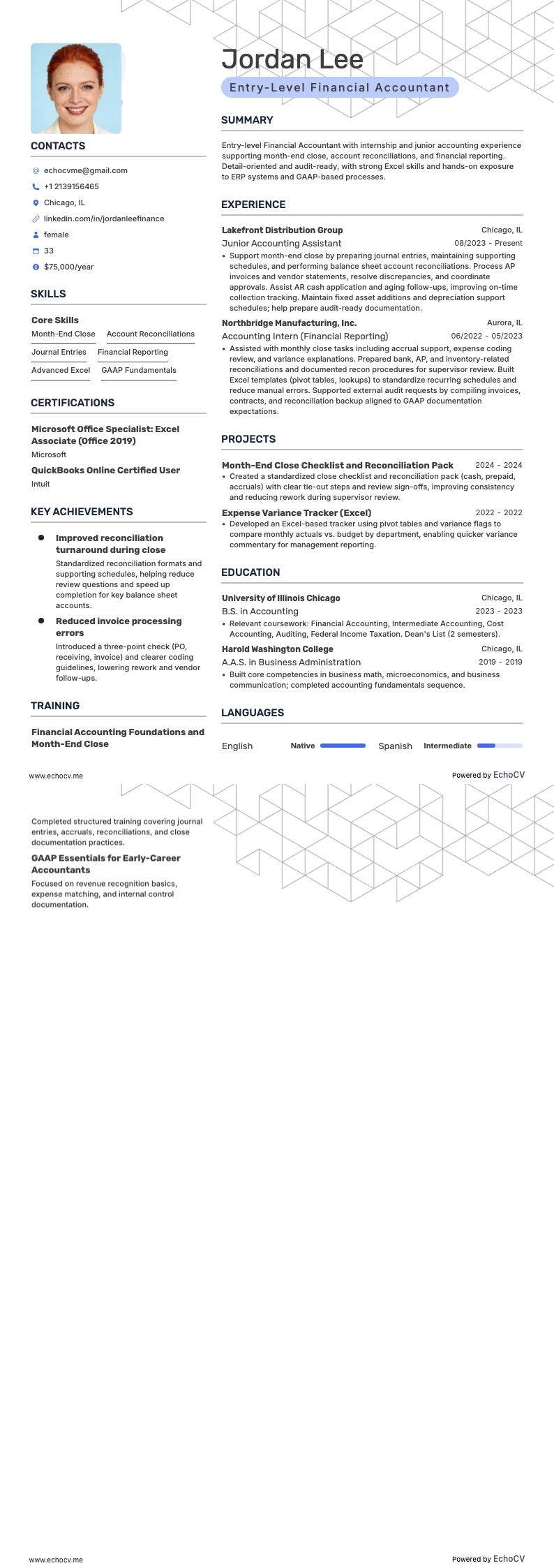 未経験向け財務会計担当 example resume