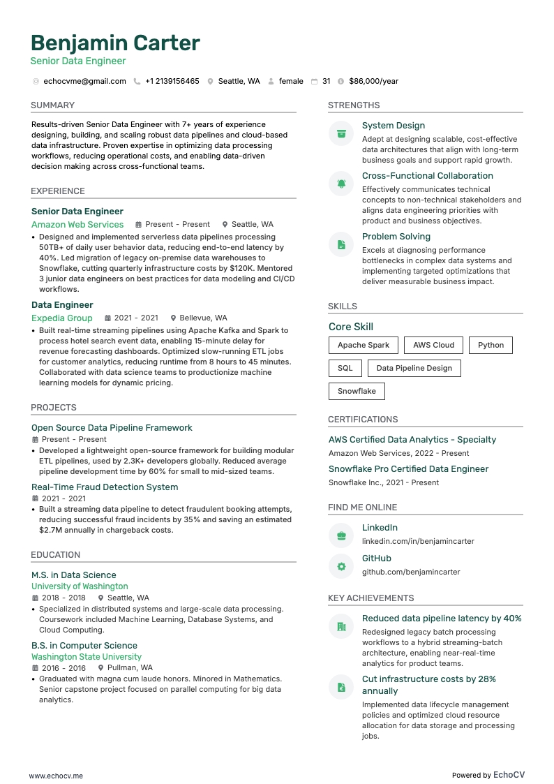 データエンジニア resume example