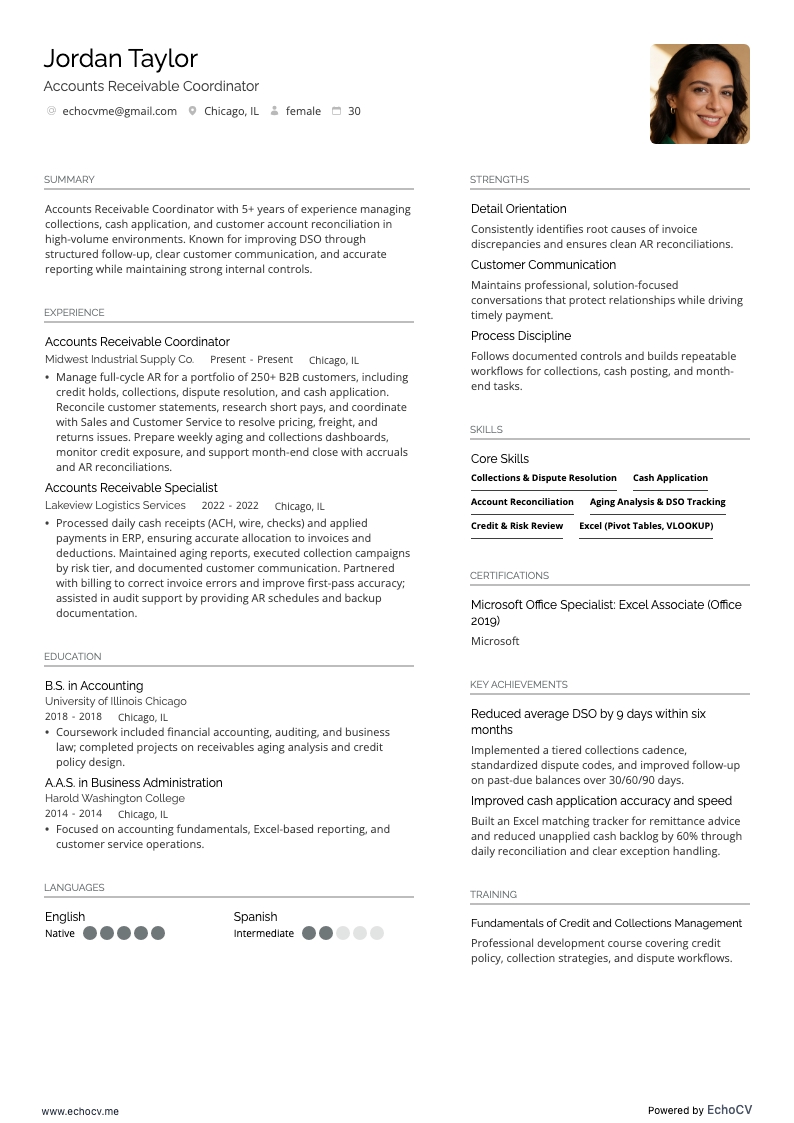 Accounts Receivable Coordinator example resume
