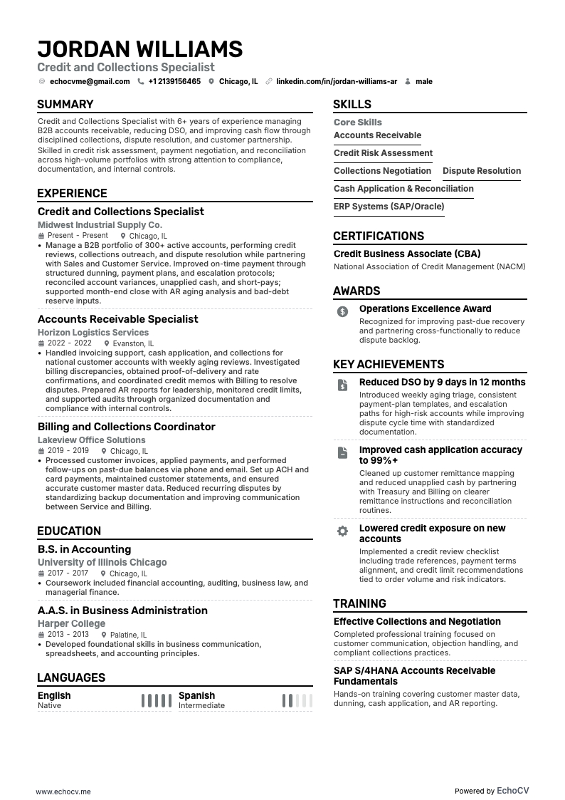 Credit and Collections Specialist example resume
