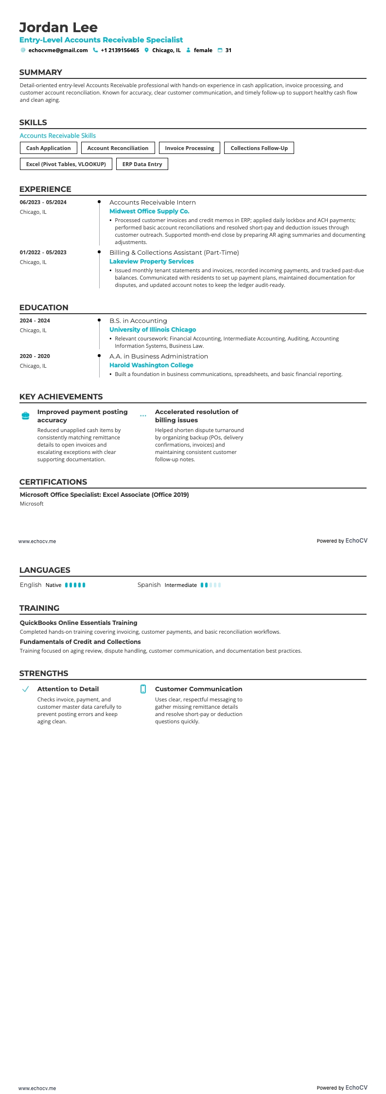 Entry-Level Accounts Receivable Specialist example resume