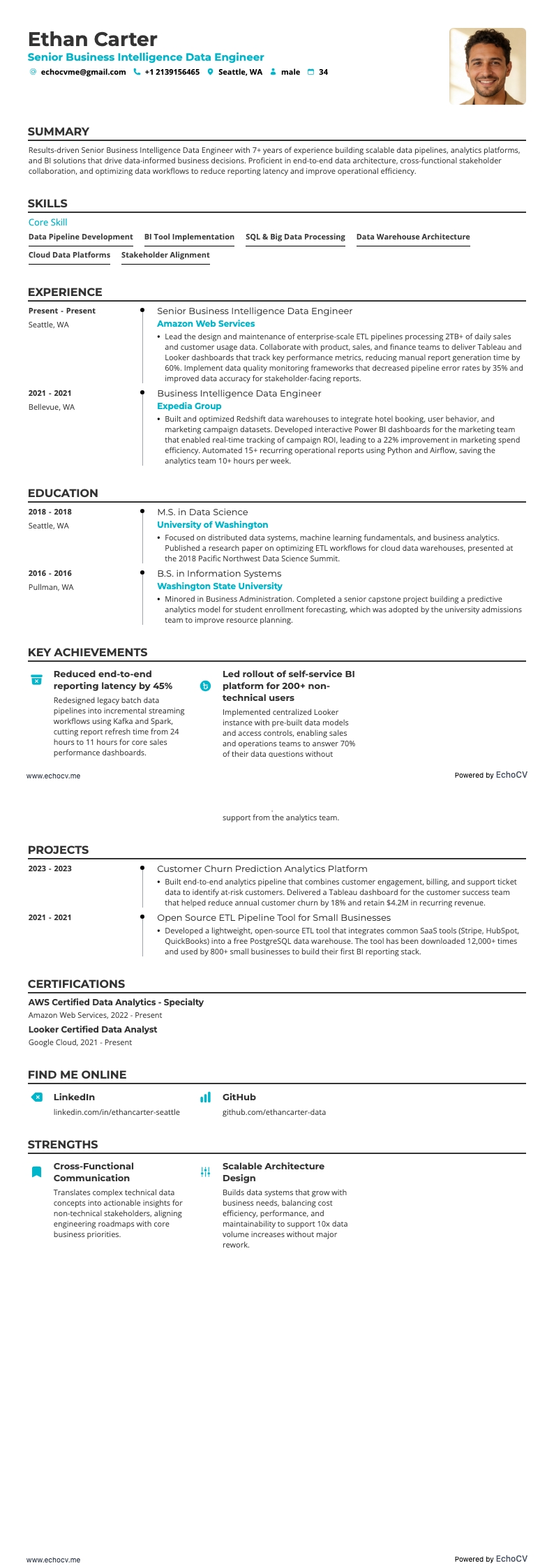 Kỹ sư Dữ liệu Business Intelligence Cấp cao example resume
