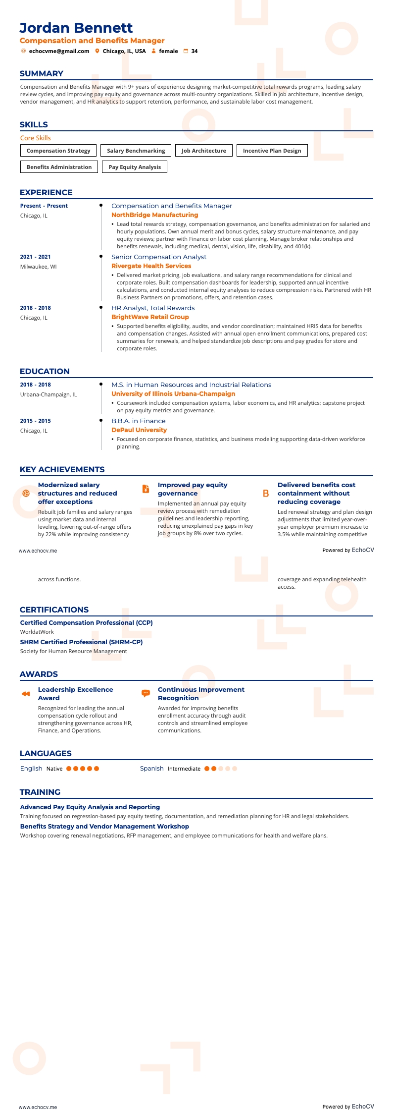 薪酬經理 resume example