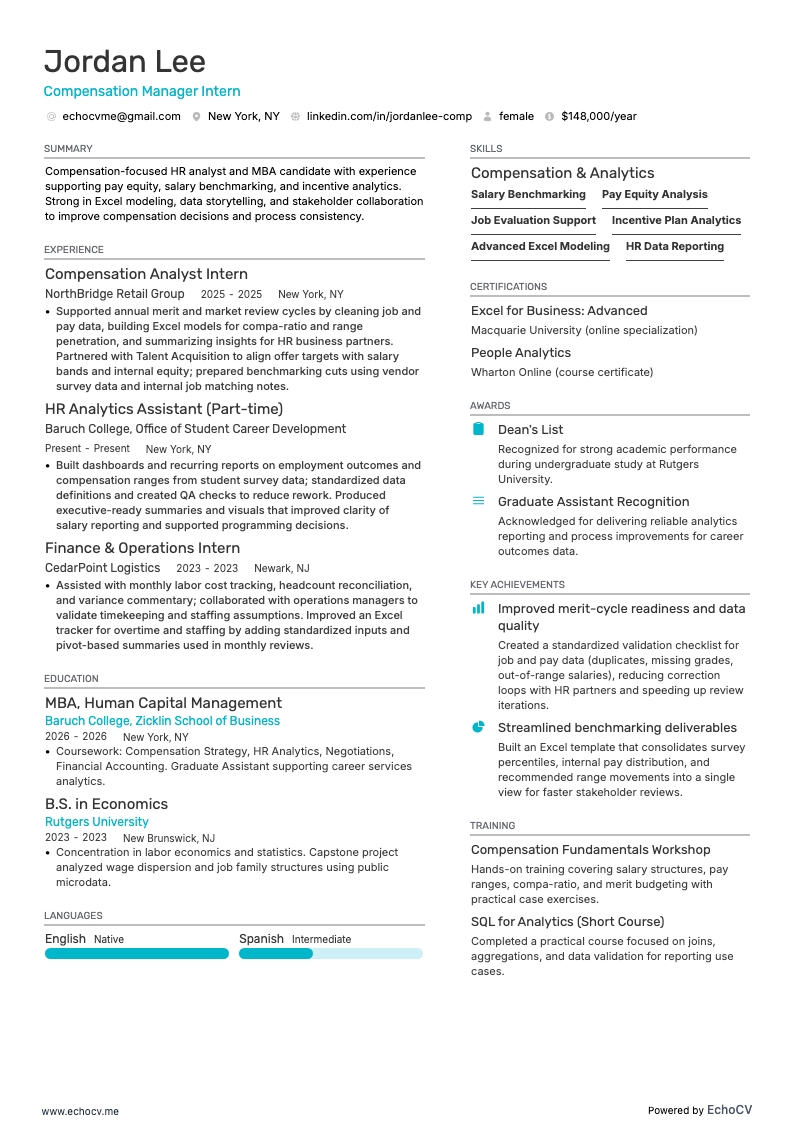 薪酬經理實習生 example resume