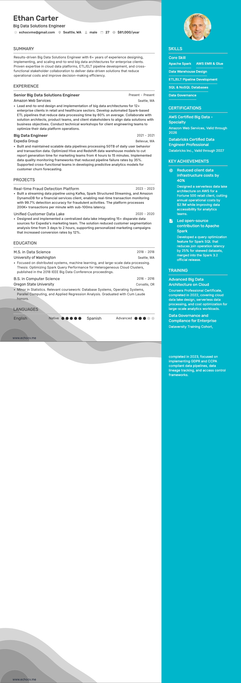 Engenheiro de soluções de Big Data example resume