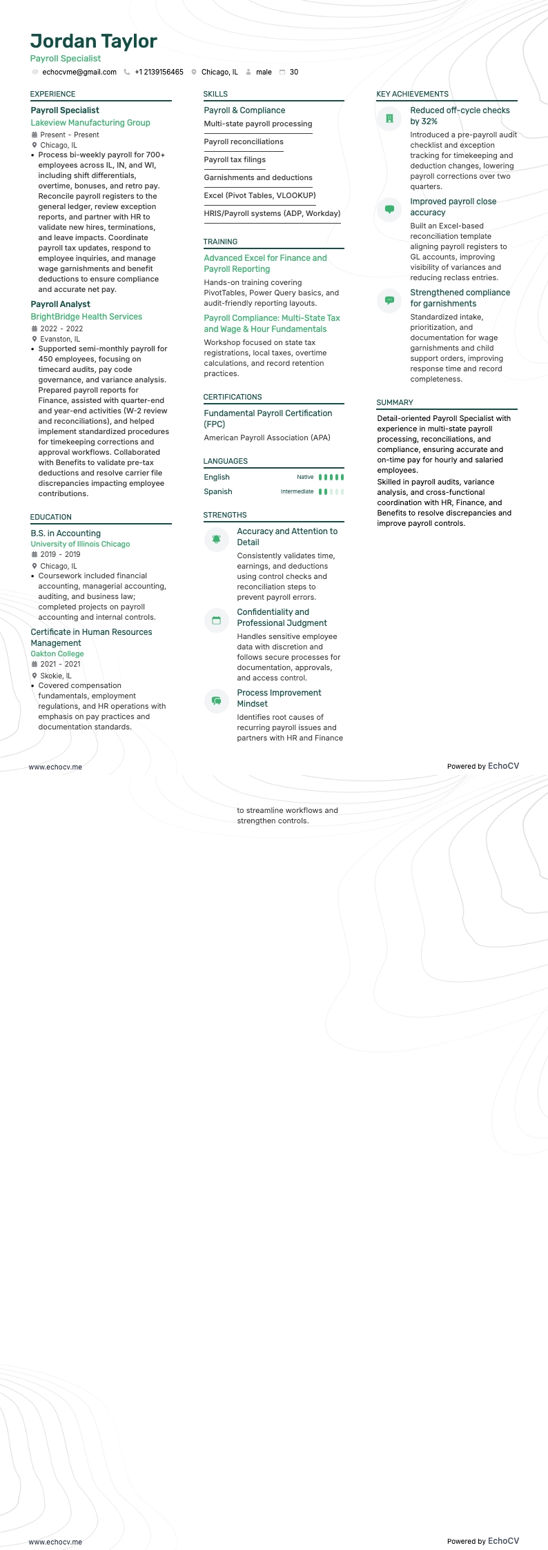 Payroll Specialist example resume