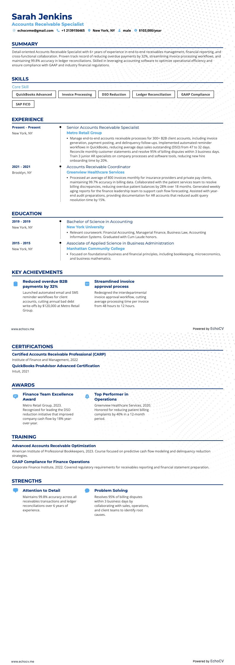 Contas a receber example resume