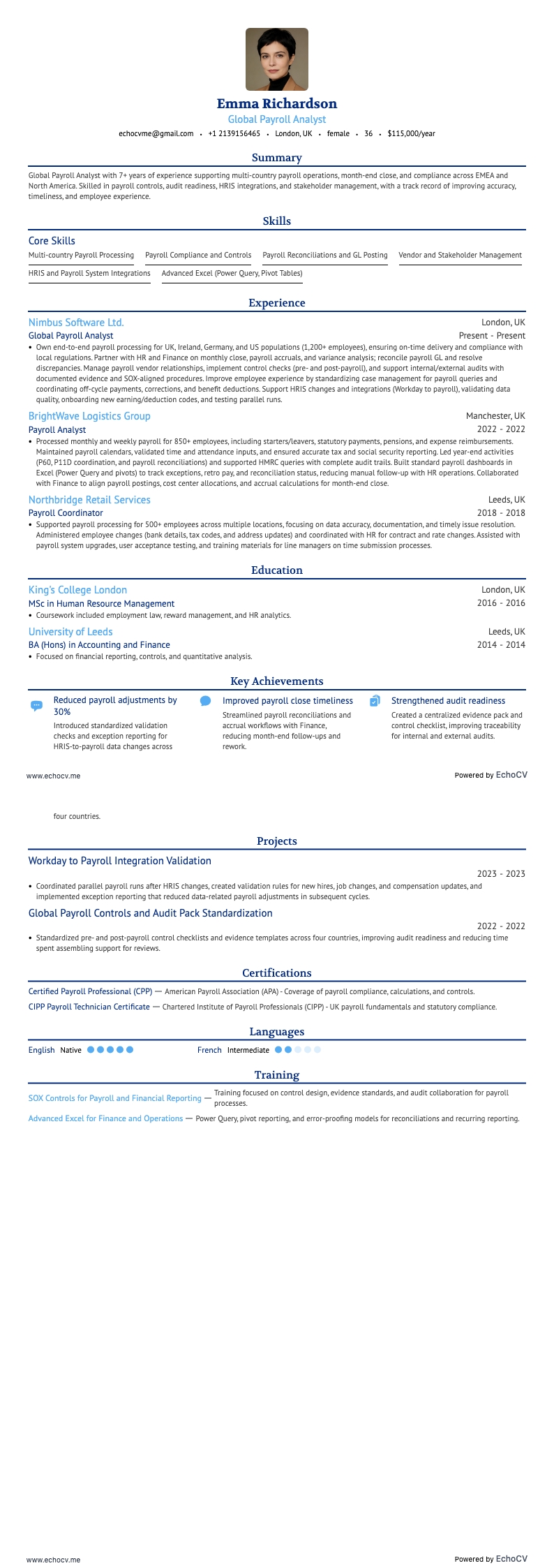 Global Payroll Analyst example resume