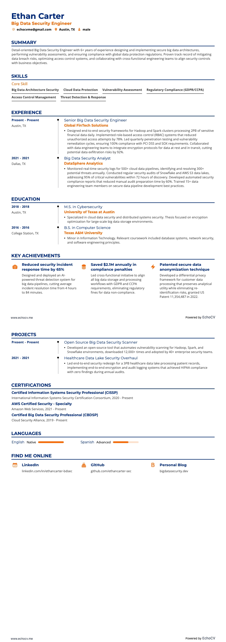 Engenheiro de Segurança de Big Data example resume
