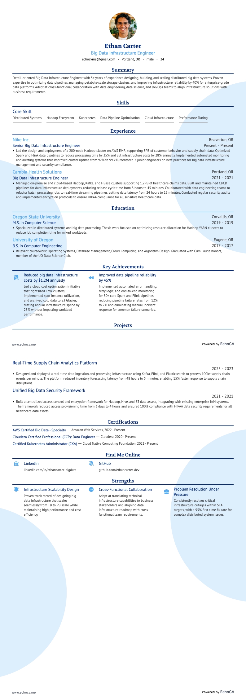 Engenheiro de Infraestrutura de Big Data example resume