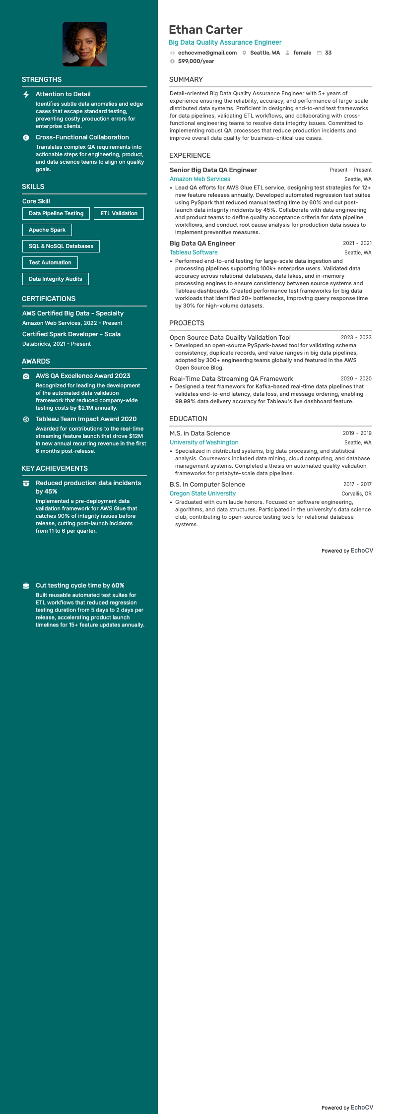 Engenheiro de garantia da qualidade de Big Data example resume