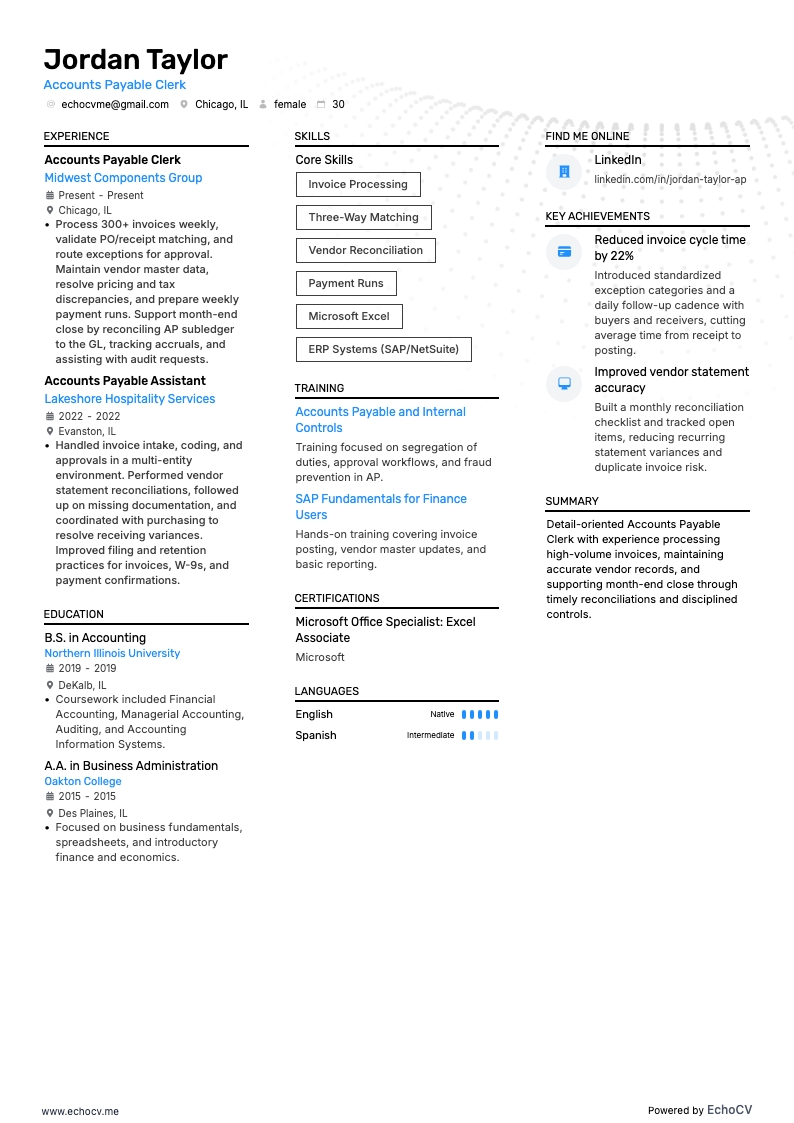 Chef för leverantörsreskontra resume example
