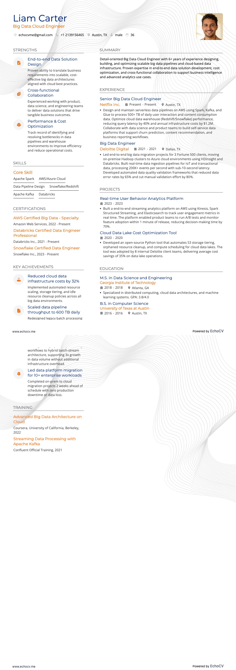 Engenheiro de nuvem de big data example resume