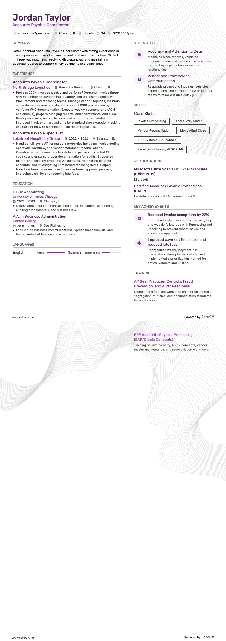 Accounts Payable Coordinator example resume