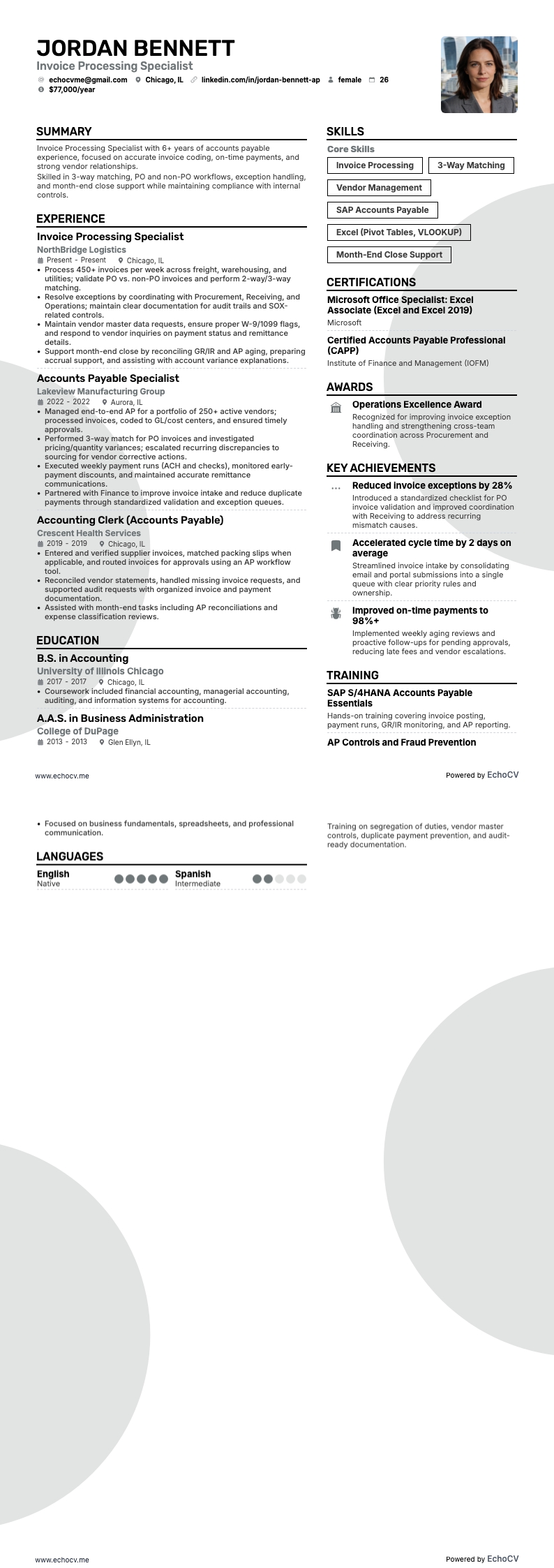 Accounts Payable Specialist resume example