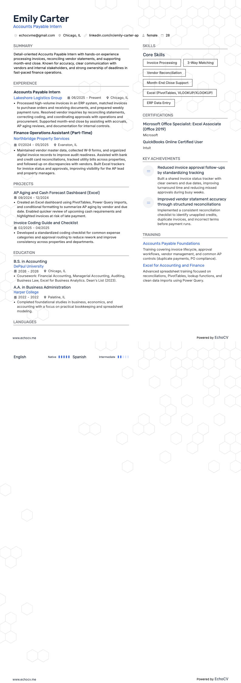 應付帳款實習生 resume example