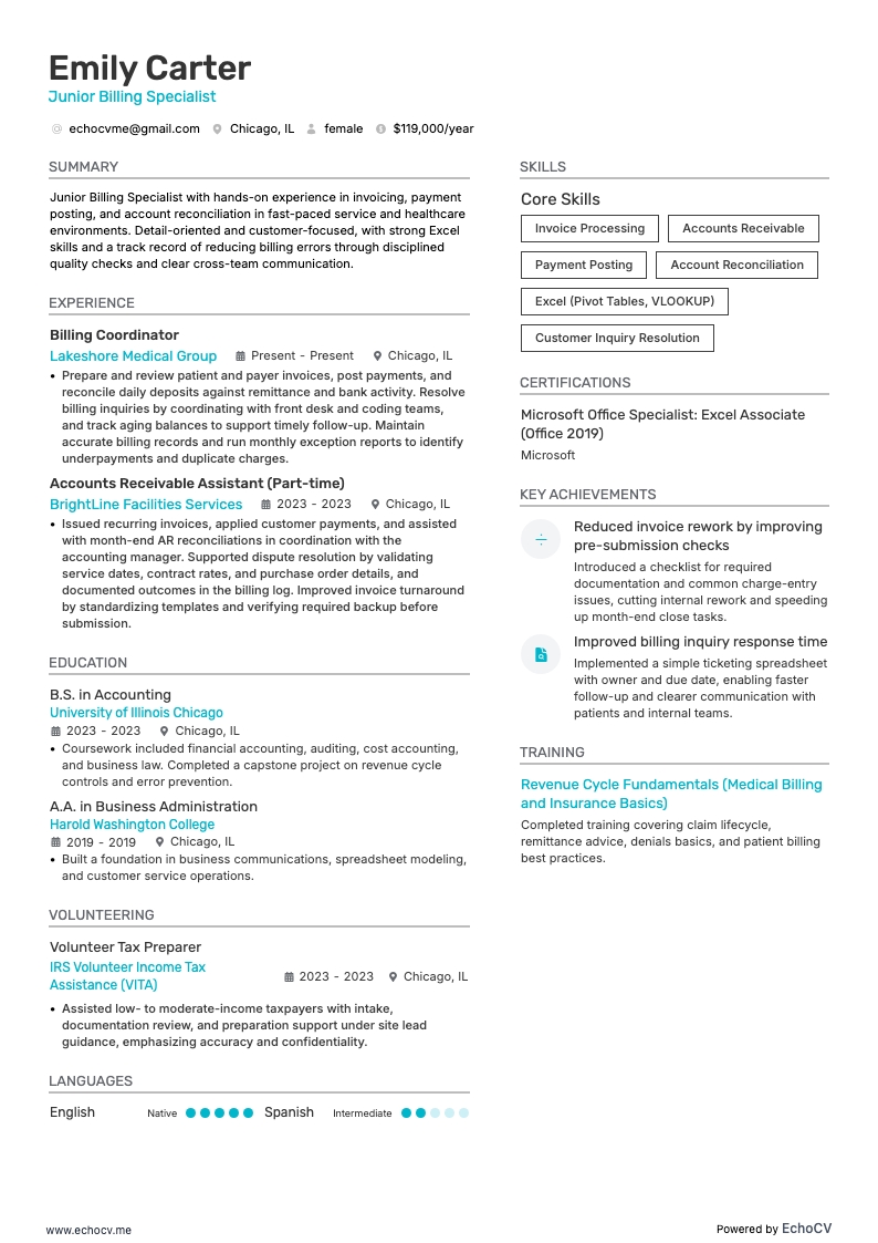 Junior Billing Specialist example resume