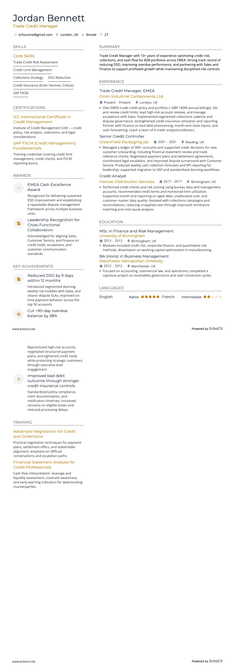 Quản lý tín dụng thương mại example resume