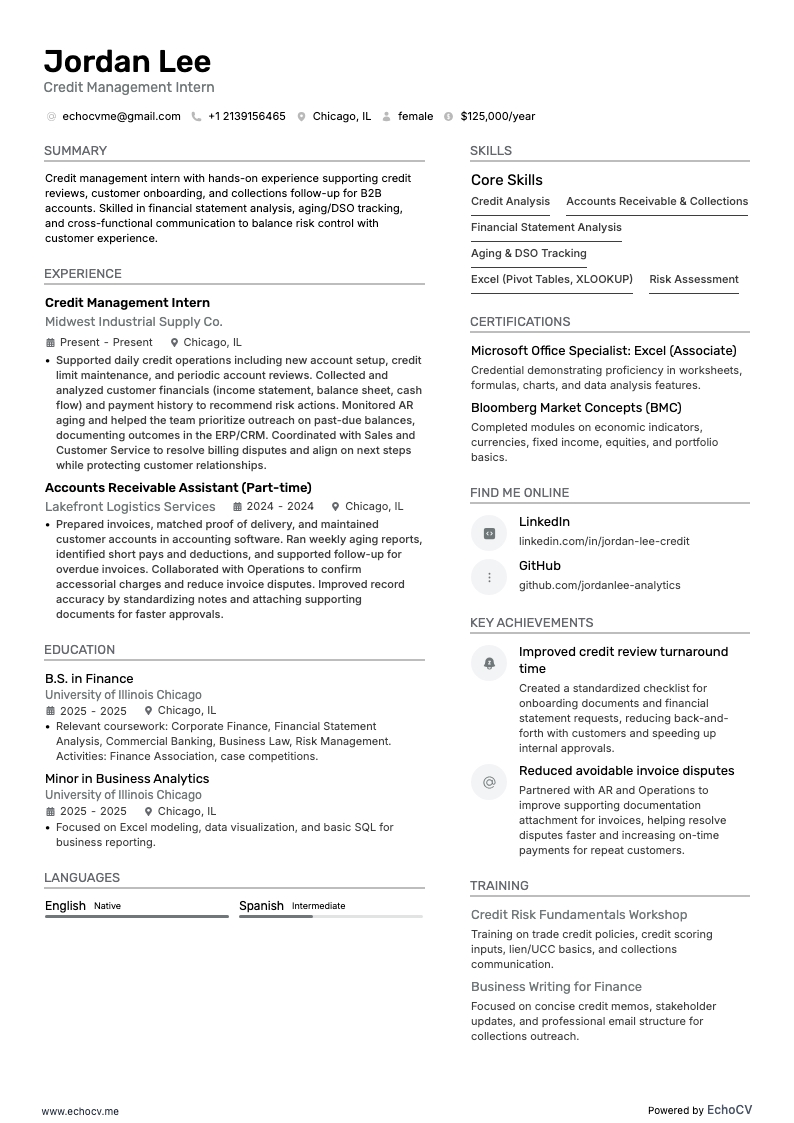 Thực tập sinh quản lý tín dụng example resume