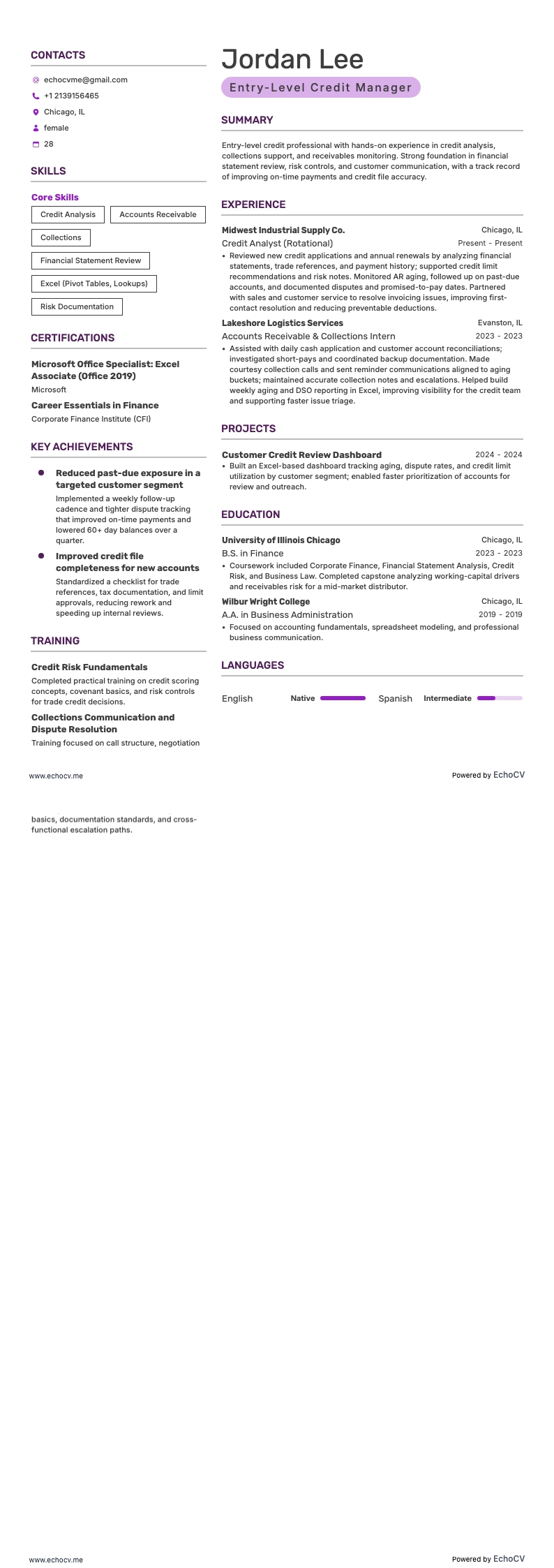 Quản lý tín dụng mới vào nghề example resume