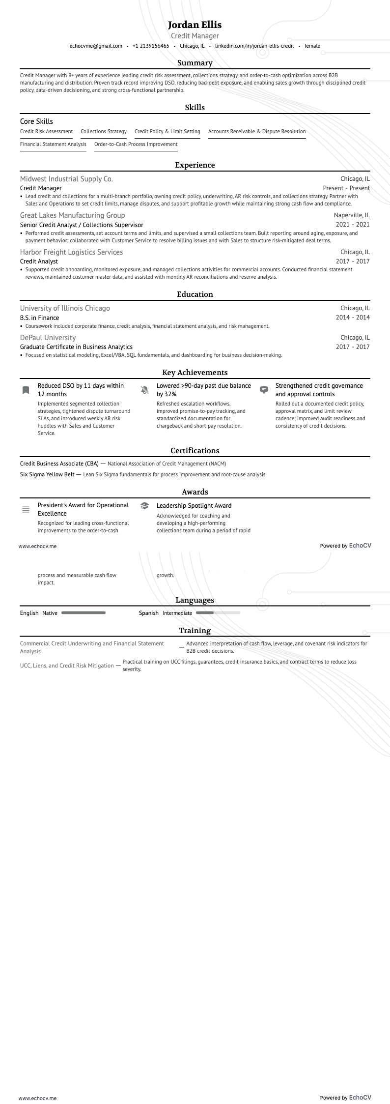 Quản lý tín dụng resume example