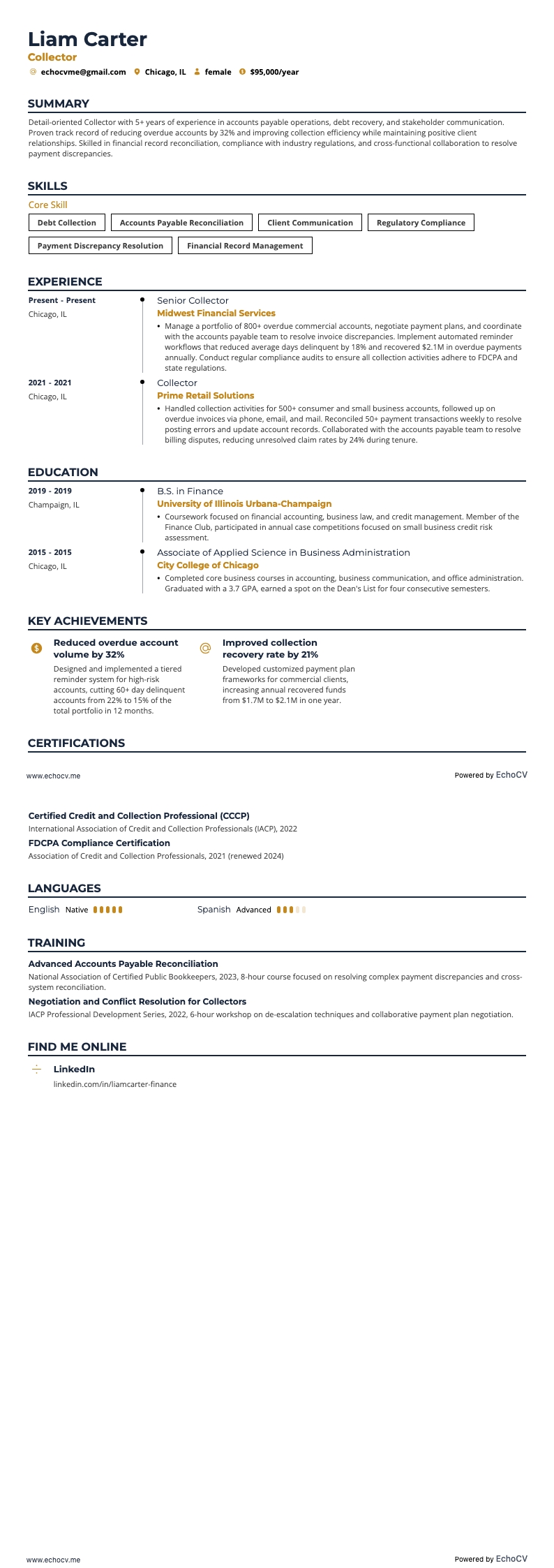 Cobrador example resume