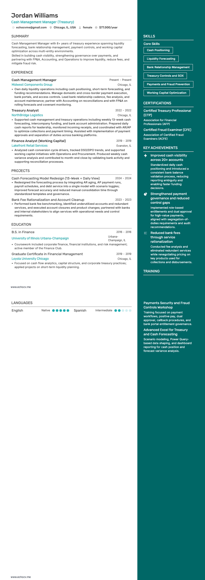 Cash Management Manager example resume