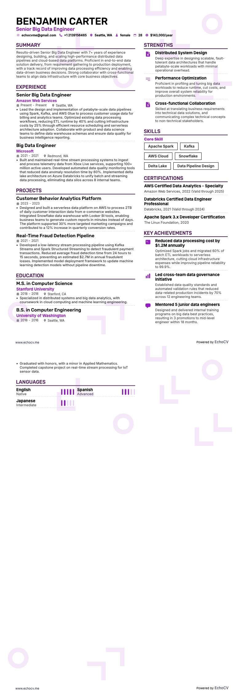 Engenheiro sênior de Big Data example resume