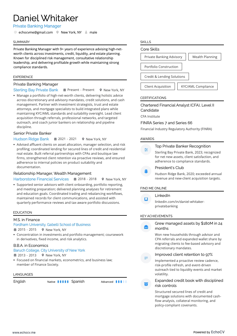 Direttore di banca resume example