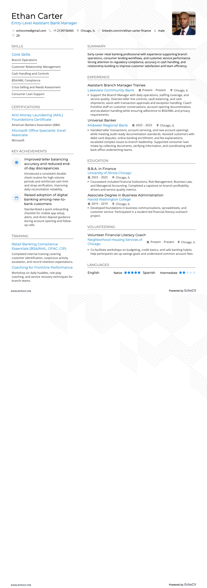 Entry-Level Assistant Bank Manager example resume