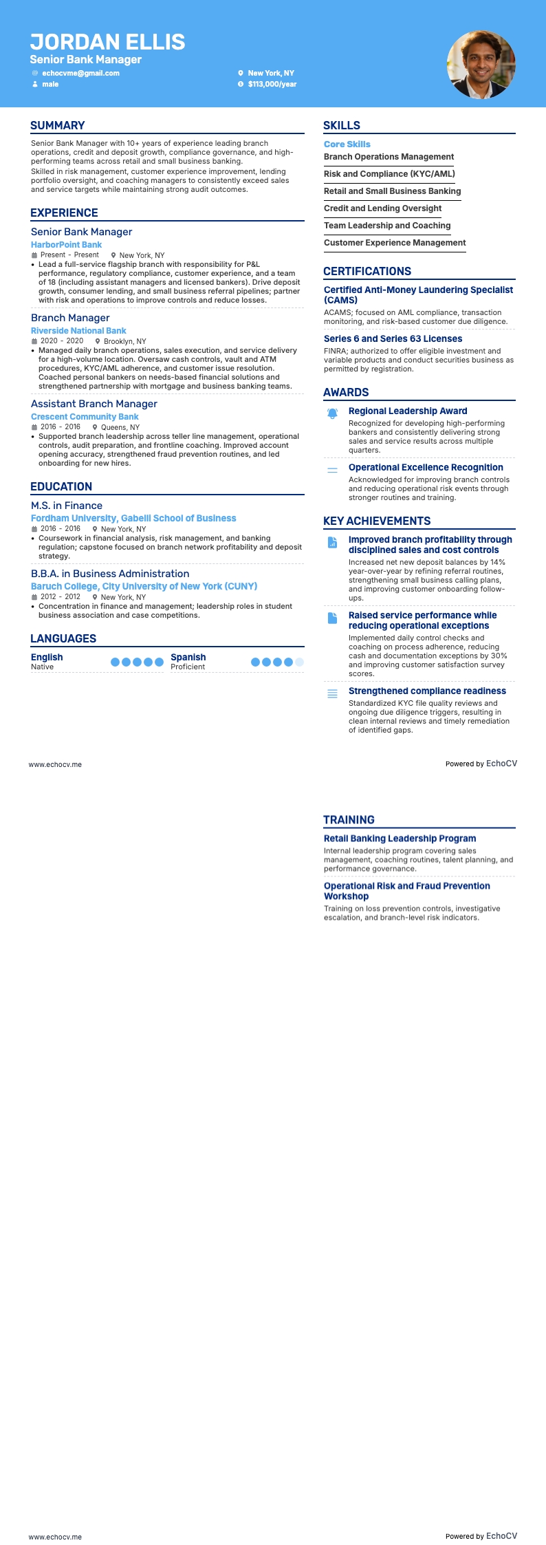 Senior Bank Manager example resume