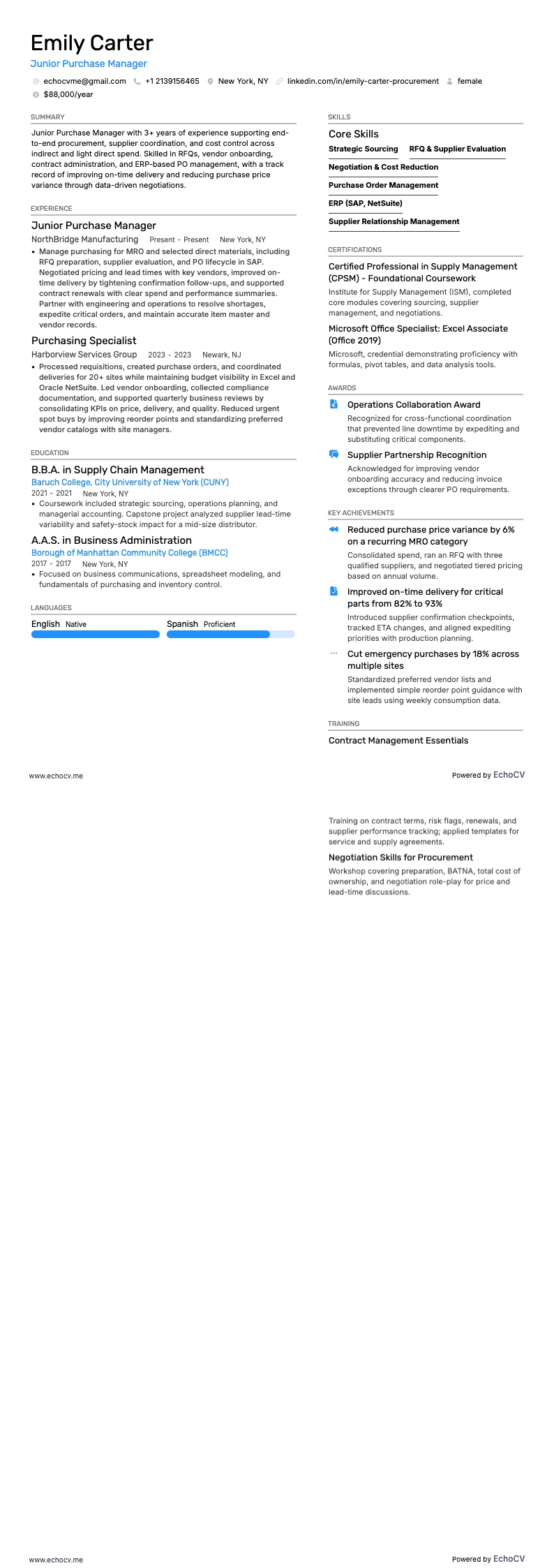 採購經理 resume example