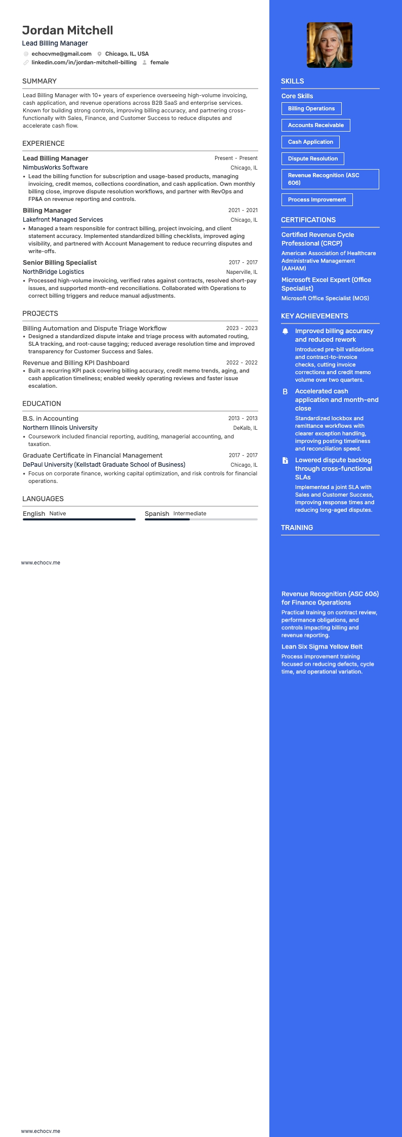 Leidinggevend facturatiemanager volledige voorbeeldweergave