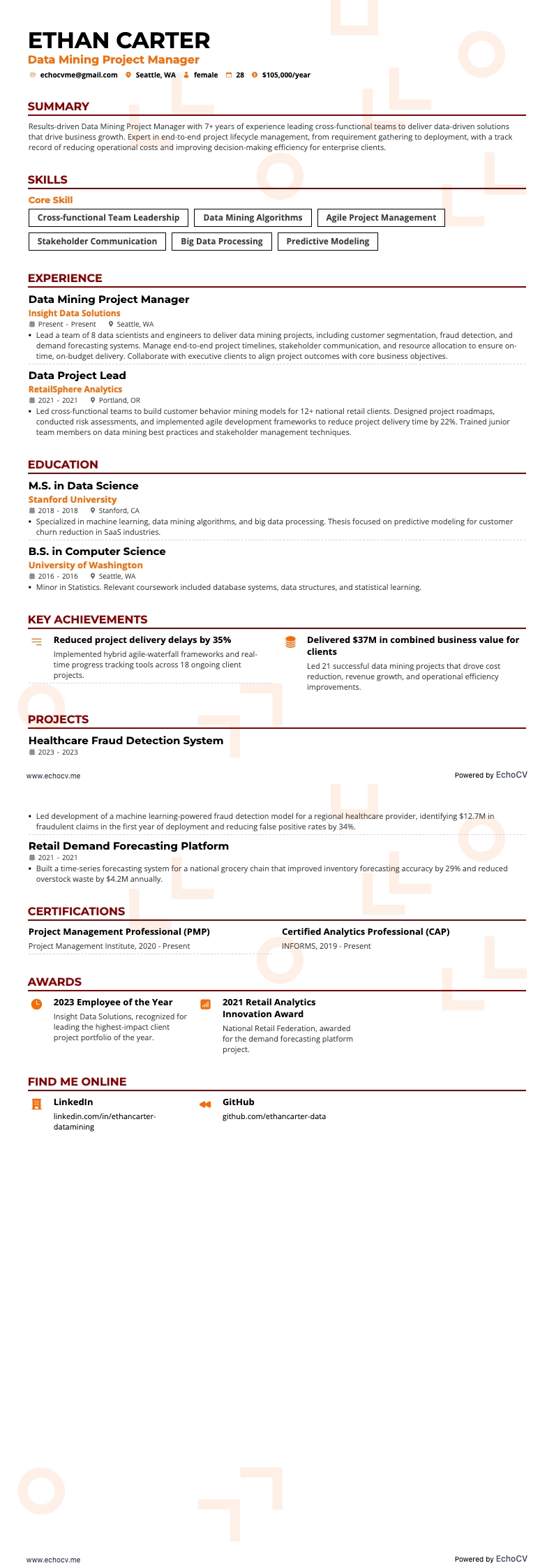 Data Mining Project Manager example resume