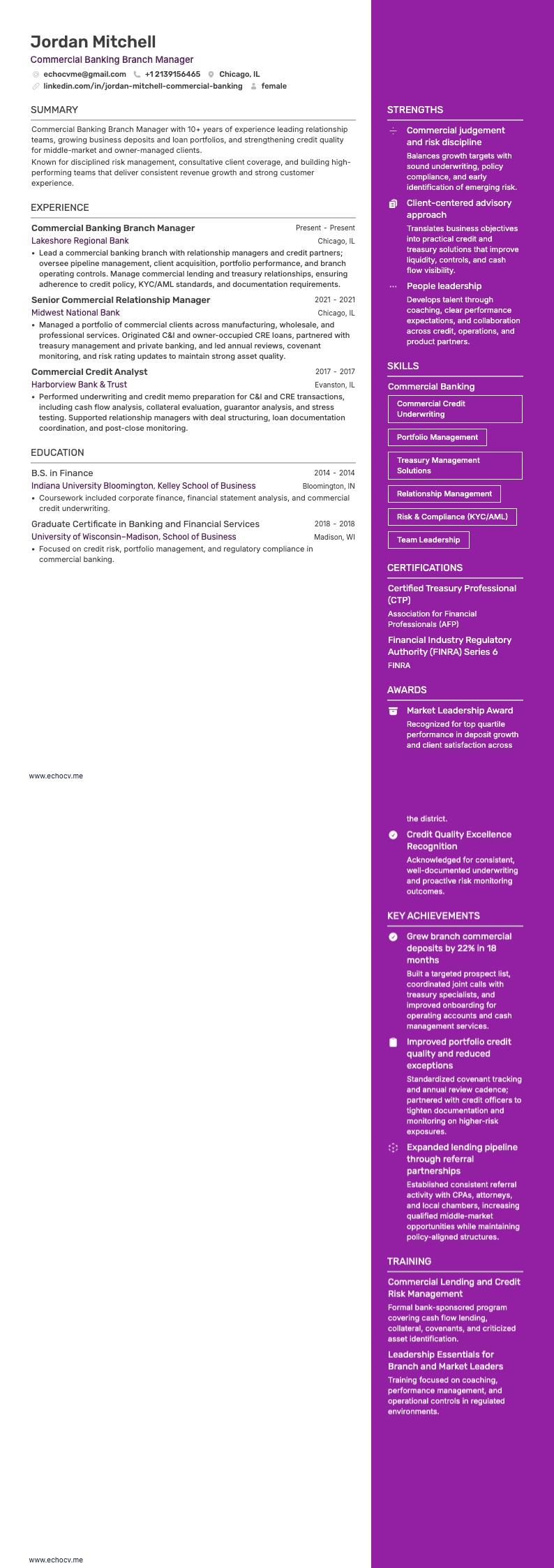 Banca comercial resume example