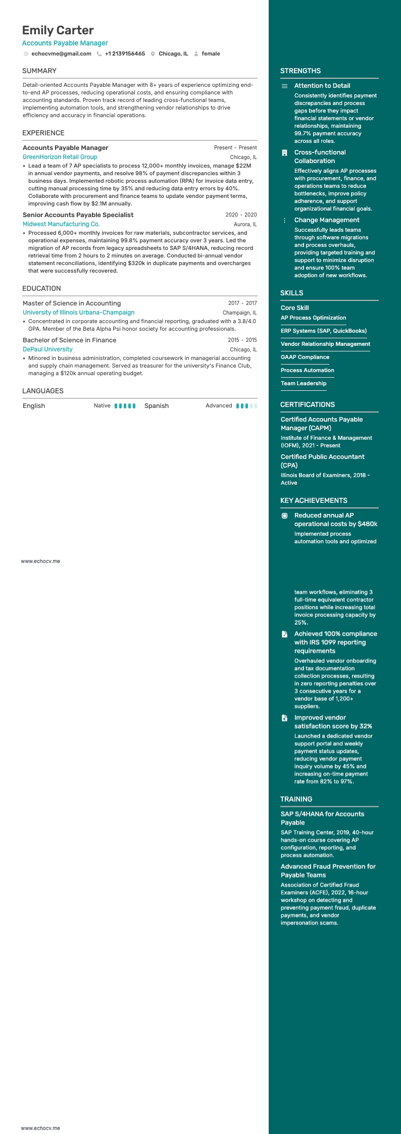 Gerente de Contas a Pagar example resume