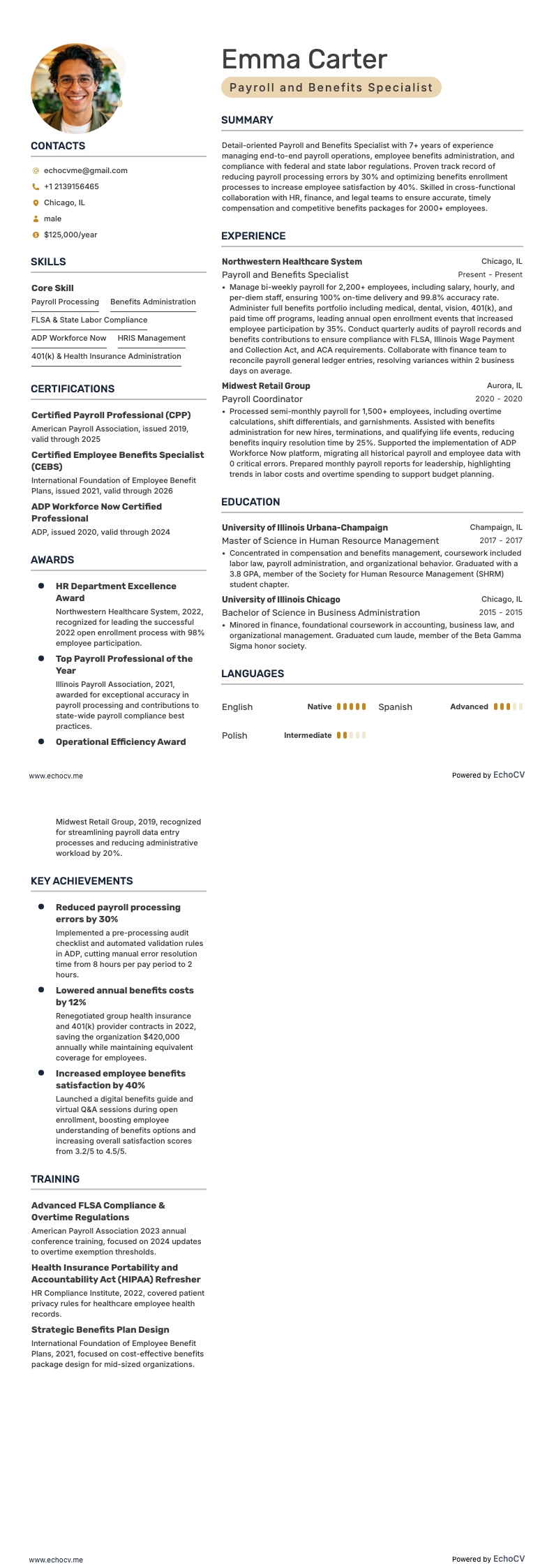 Specialist inom lönehantering och förmåner example resume