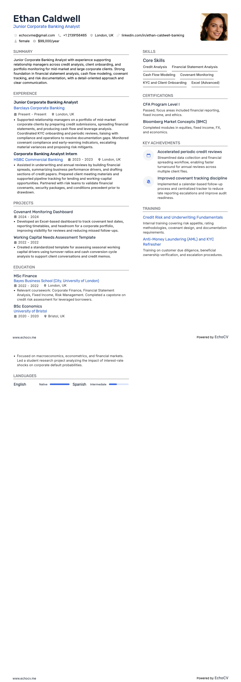 Analista junior de banca corporativa example resume